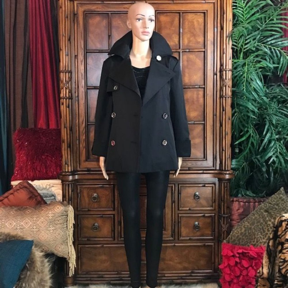 Anne Klein Black Milano Nights Cotton Blend Pea Coat - Picture 5 of 13